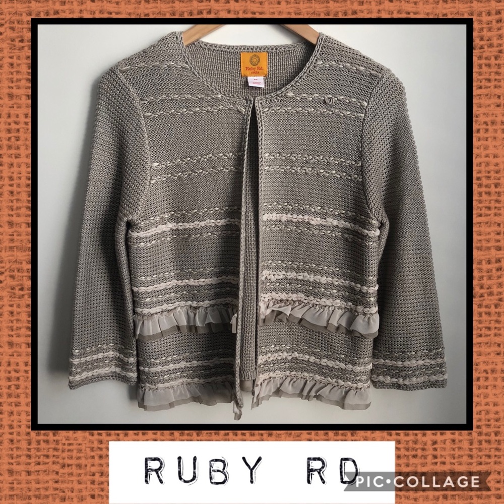 Ruby Rd Tan Cardigan with Ribbon Accents❤️